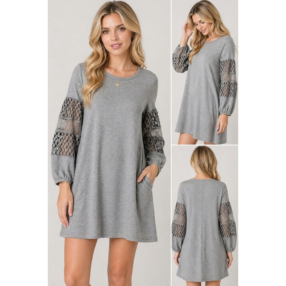 Thyme & Honey Gray Knit Tunic Dress Lace Sleeve Detail Casual Size Medium